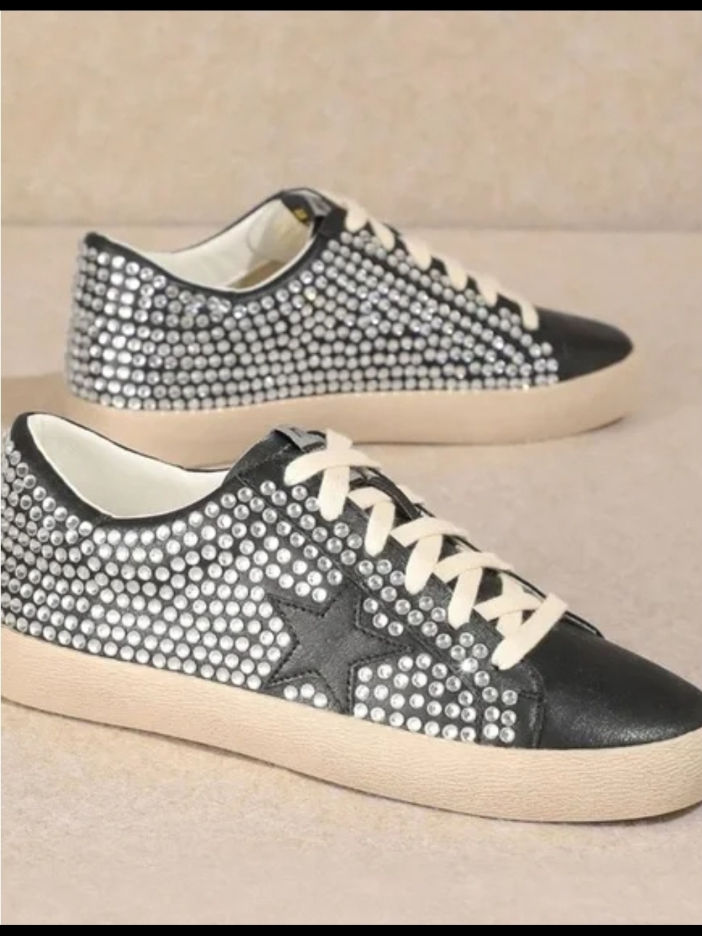 Women's Black Rhinestone Star Lace-Up Sneakers